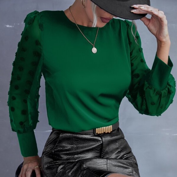 Navy blue Swiss Dot Sheer Sleeve Chic Blouse Work Minimalist - Picture 6 of 8